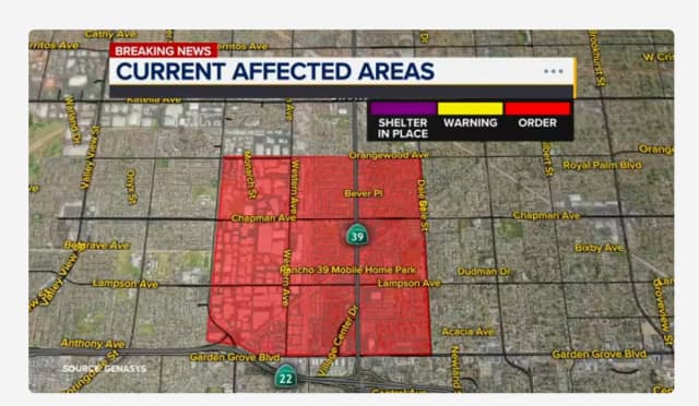 Map Showing Reduced Evacuations Due to GKN Aerospace Leak Impacting 16,000 Orange County Residents
