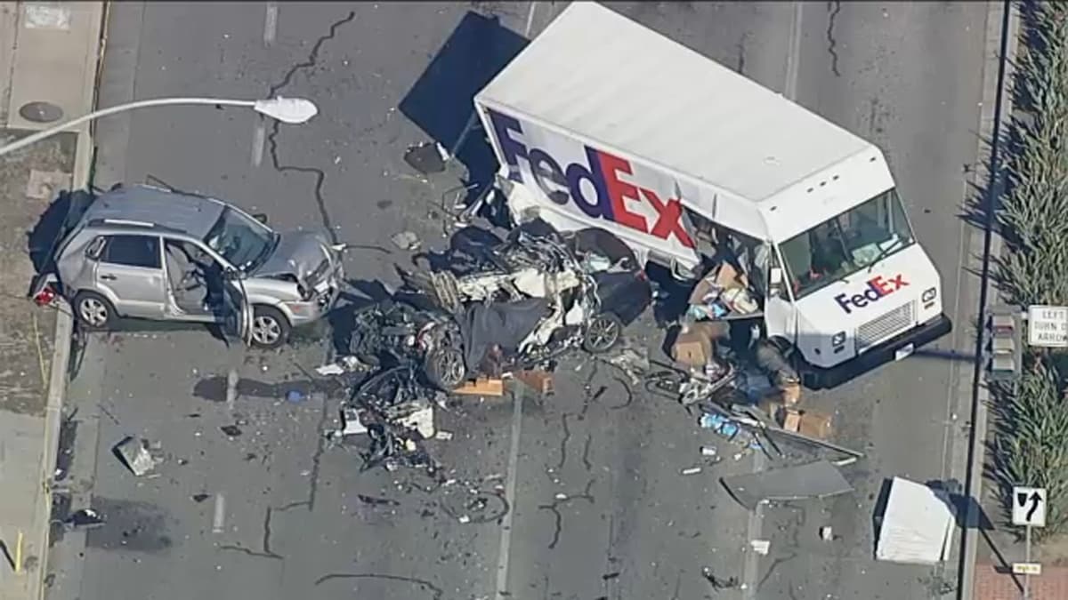 Cerritos: 1 killed, 2 injured multi-vehicle crash involving FedEx truck at intersection