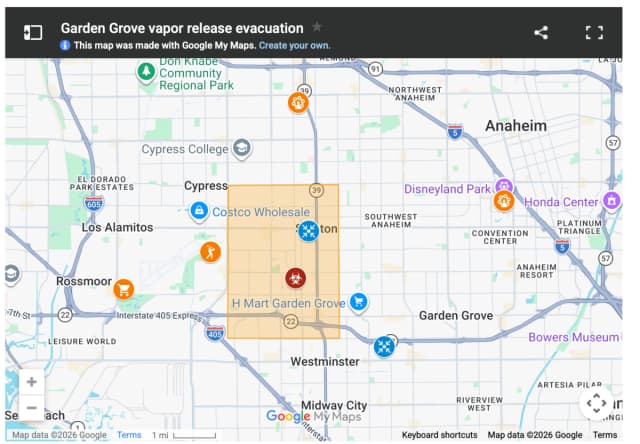 MAP: Toxic Vapor Release Triggers Large Evacuation Zone In Garden Grove”