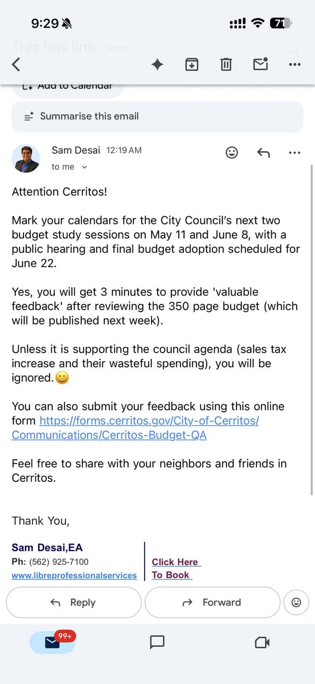 Uploaded Email Screenshot Details Cerritos Budget Feedback Dates