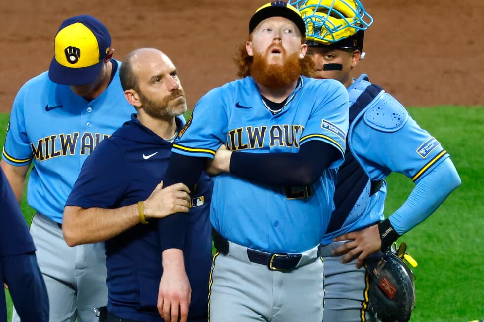 Brewers starter Dustin May hit by line drive and leaves game after 1 pitch